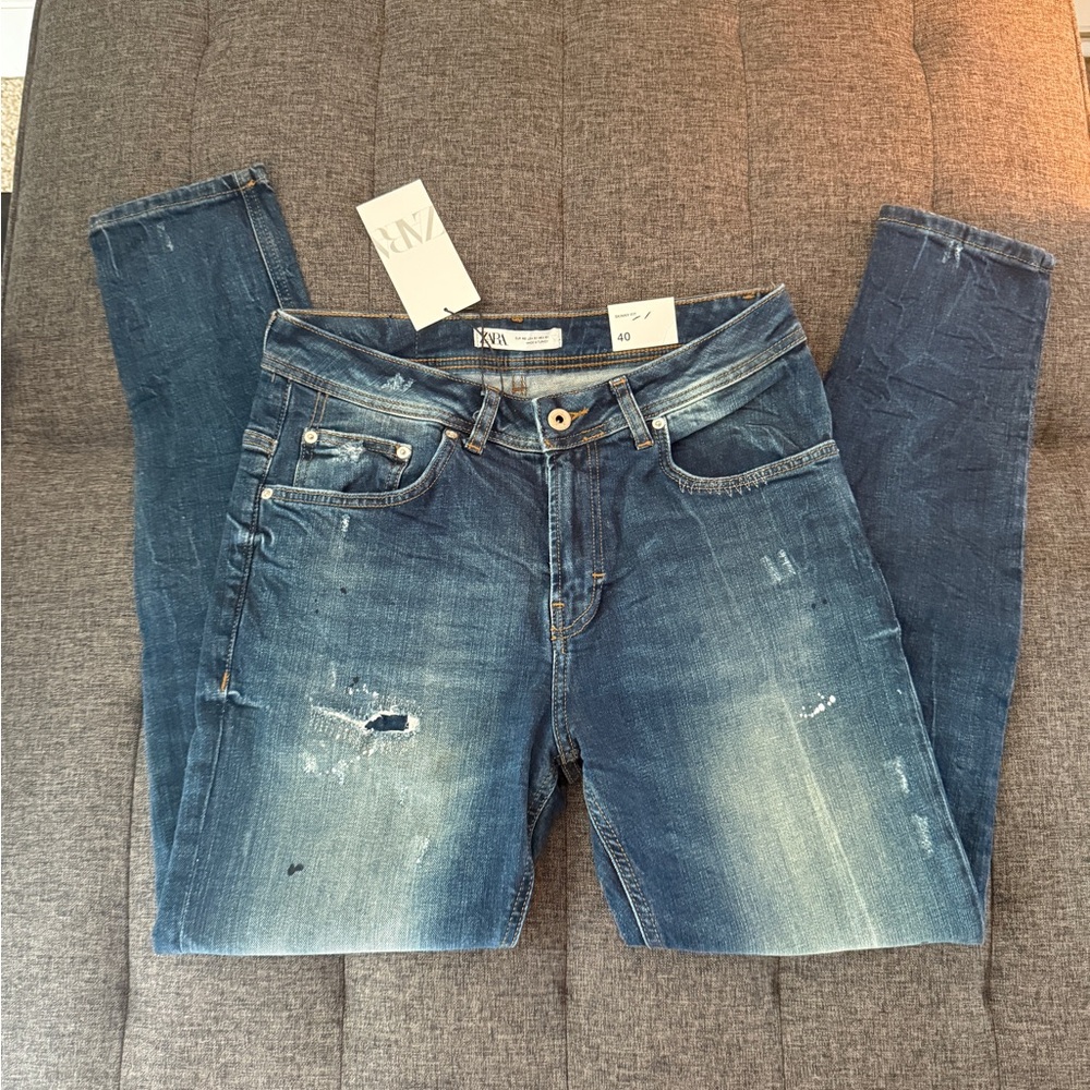 ZARA Men's Blue Distressed Skinny Fit Jeans